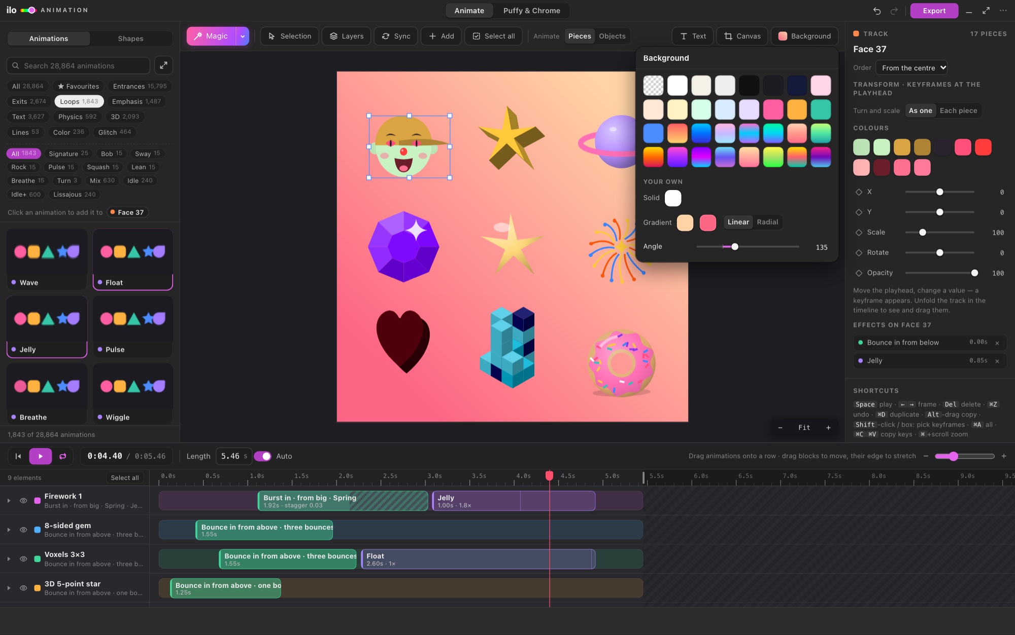Ilo Animation with a gradient background and the background picker open, a face, 3D stars, a planet, a gem, fireworks, a heart, voxel blocks and a donut on the canvas