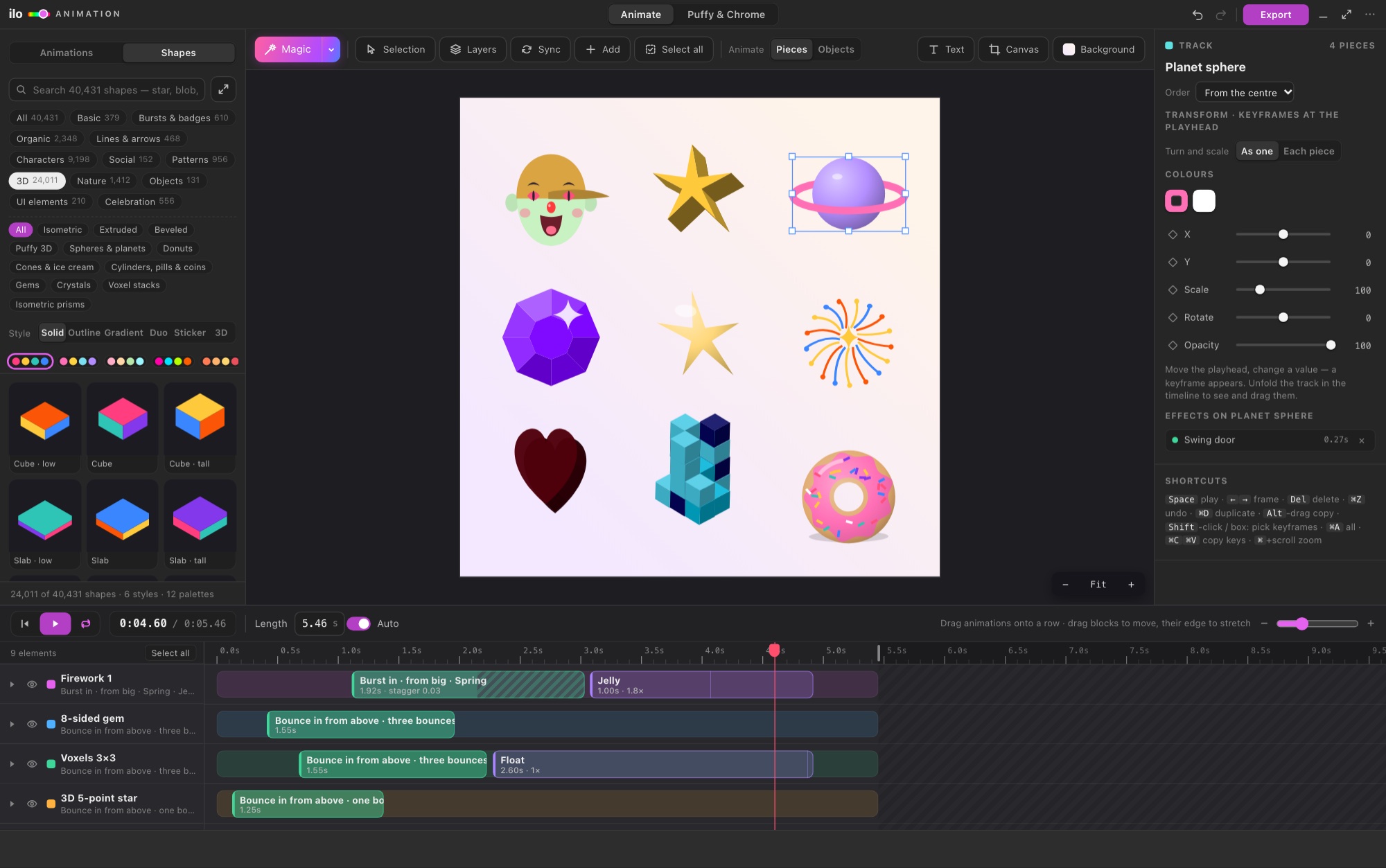 Ilo Animation after one click on Magic: a face, 3D stars, a planet, a gem, fireworks, a heart, voxel blocks and a donut, each with its own entrance and loop