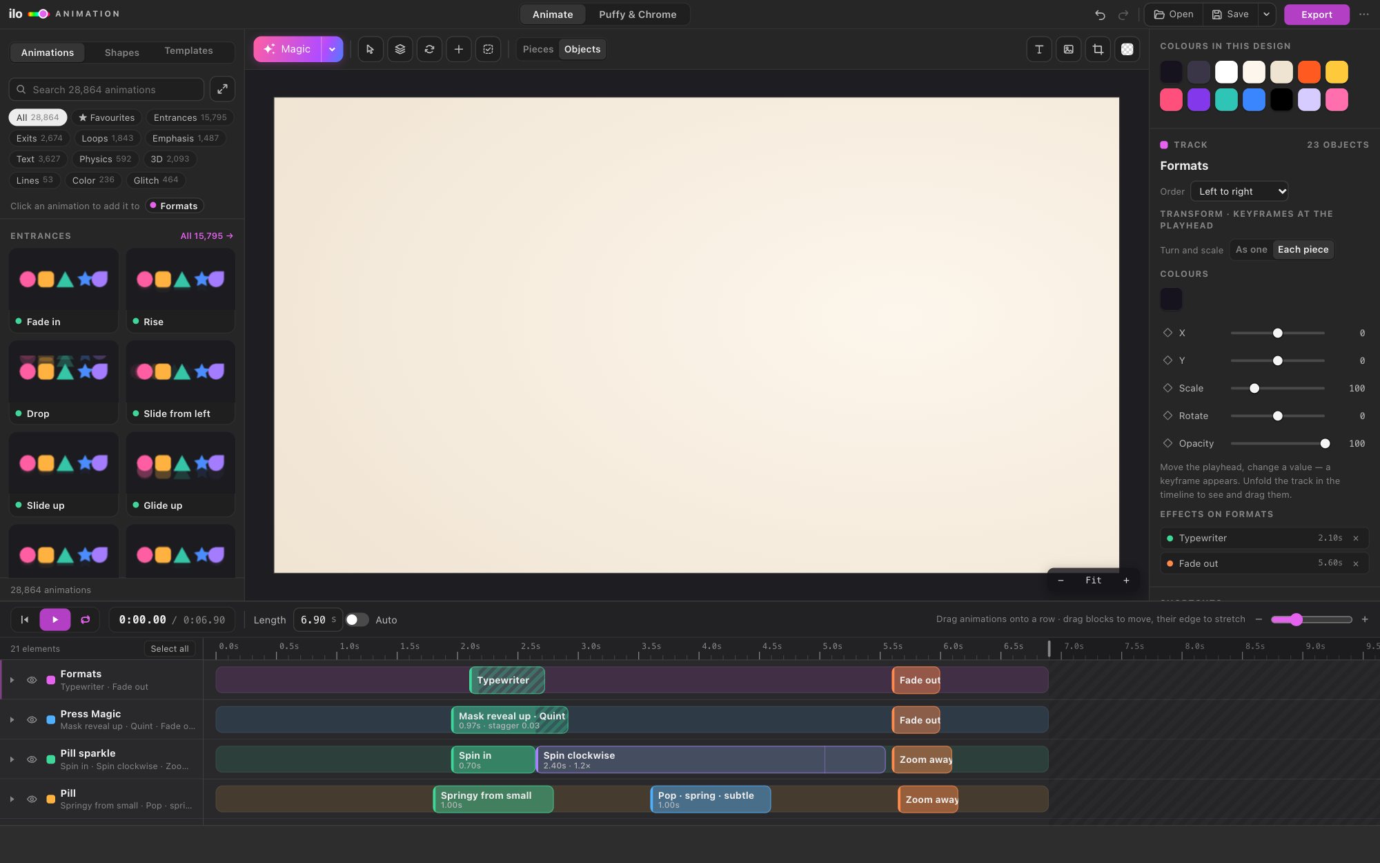 Ilo Animation in the browser: the animation library on the left, the design on the stage and a timeline with a block for every element