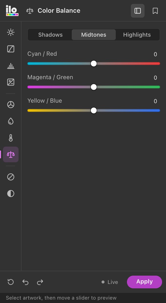 Color Balance panel in Ilo Color Tools