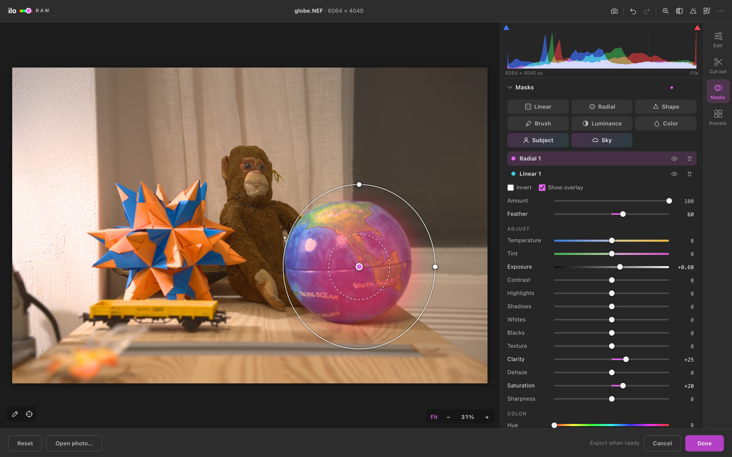 A radial mask over a globe in the Ilo Raw editor