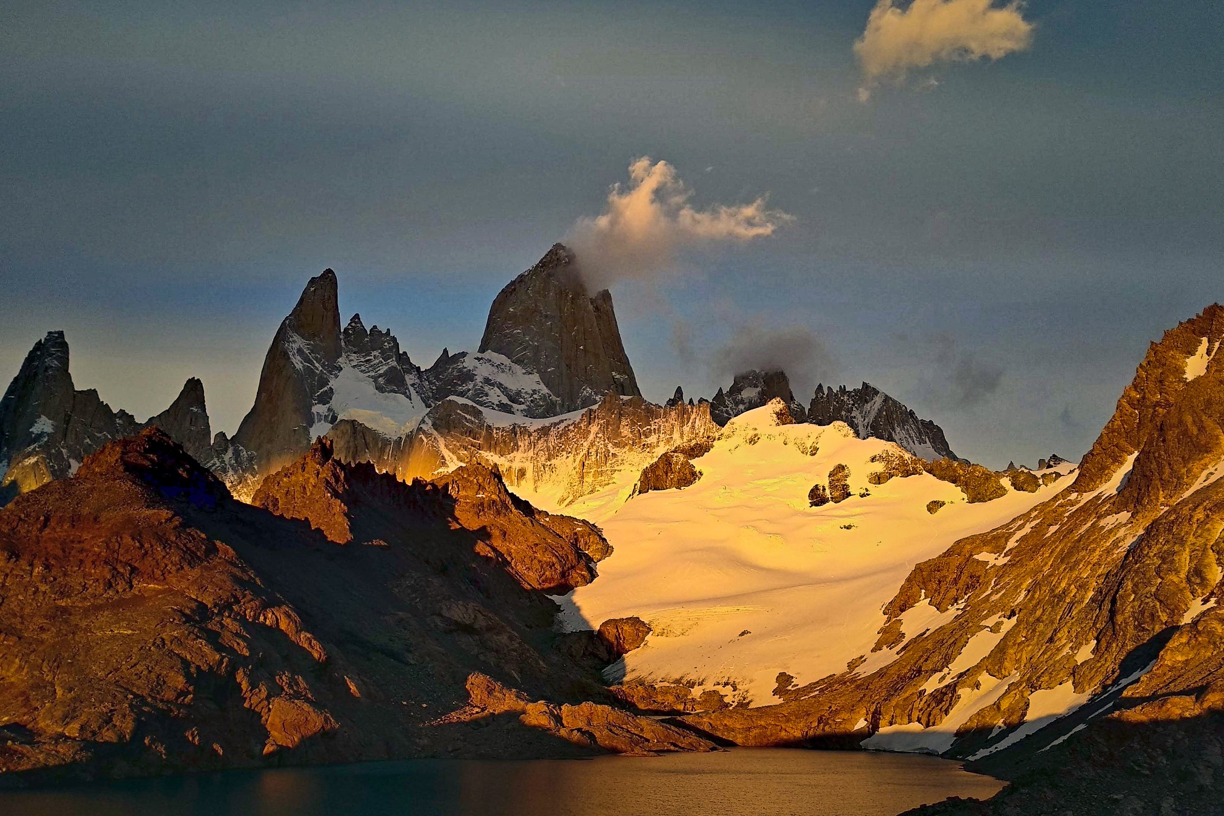 Fitz Roy at sunrise, developed in Ilo Raw — golden light on the snow, deep shadows, rich sky