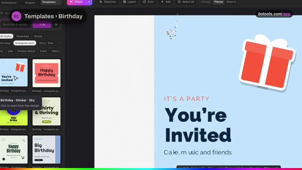 An animated birthday post in a minute.: a step of the tutorial on the real software