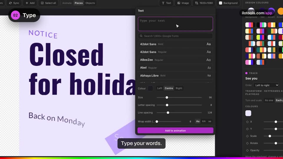 Animated text with any Google Font.: a step of the tutorial on the real software