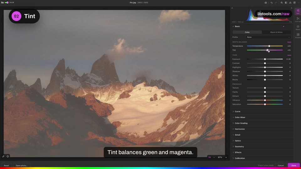 Develop a photo: the basics.: a step of the tutorial on the real software