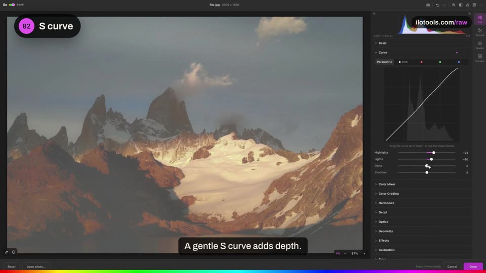 Curve, mixer and grading.: a step of the tutorial on the real software