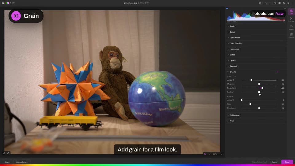 A film look.: a step of the tutorial on the real software
