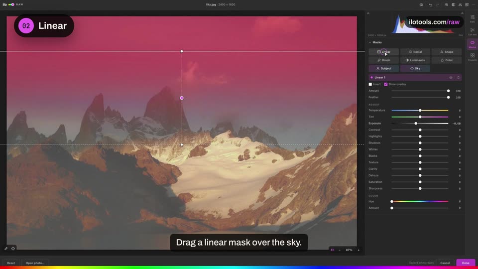 Linear and radial masks.: a step of the tutorial on the real software