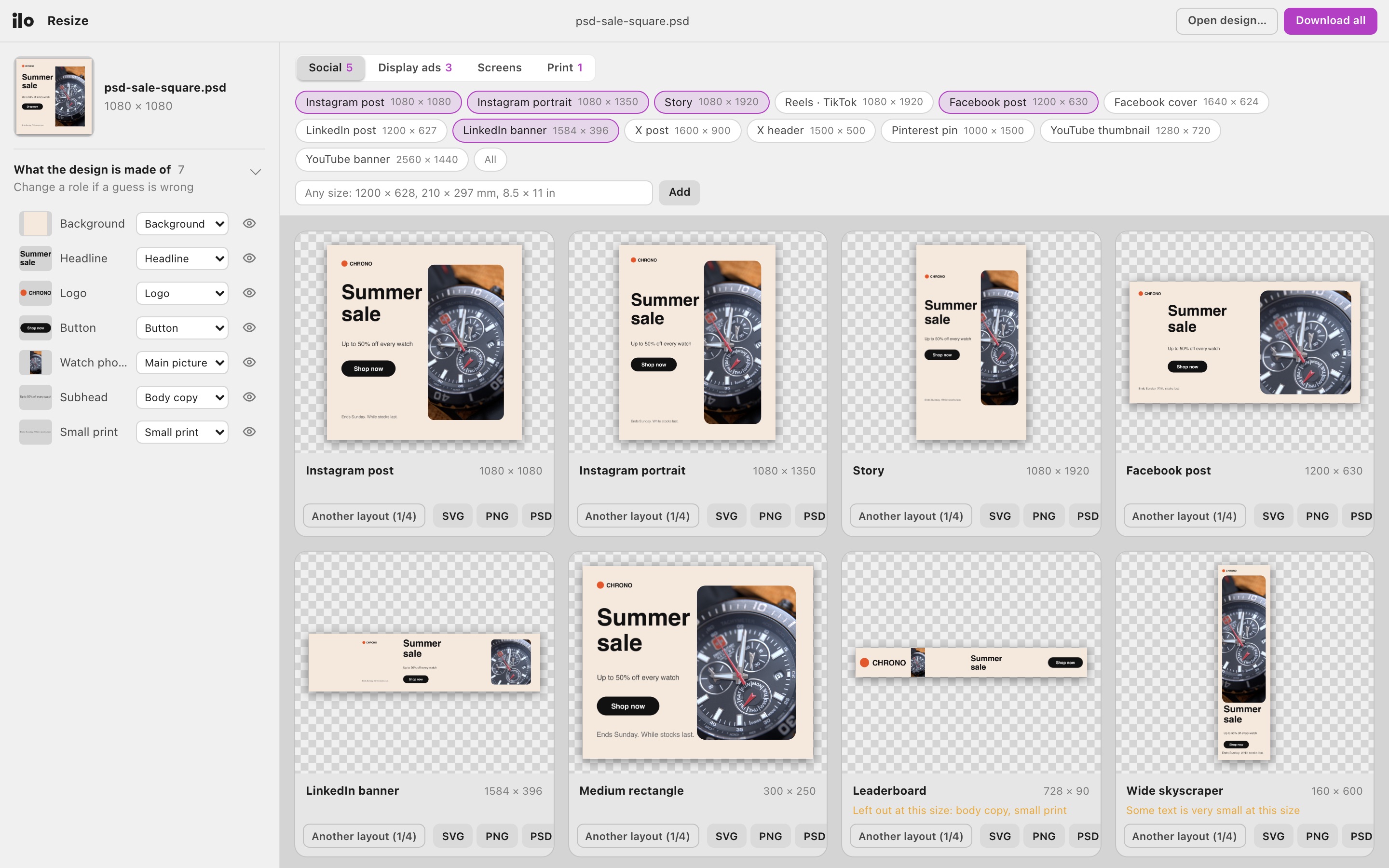 Ilo Resize in the browser with a Photoshop file open: the pieces it found on the left (headline, logo, button, photo), and the design laid out again for Instagram, Story, Facebook, LinkedIn, banner ads and A4